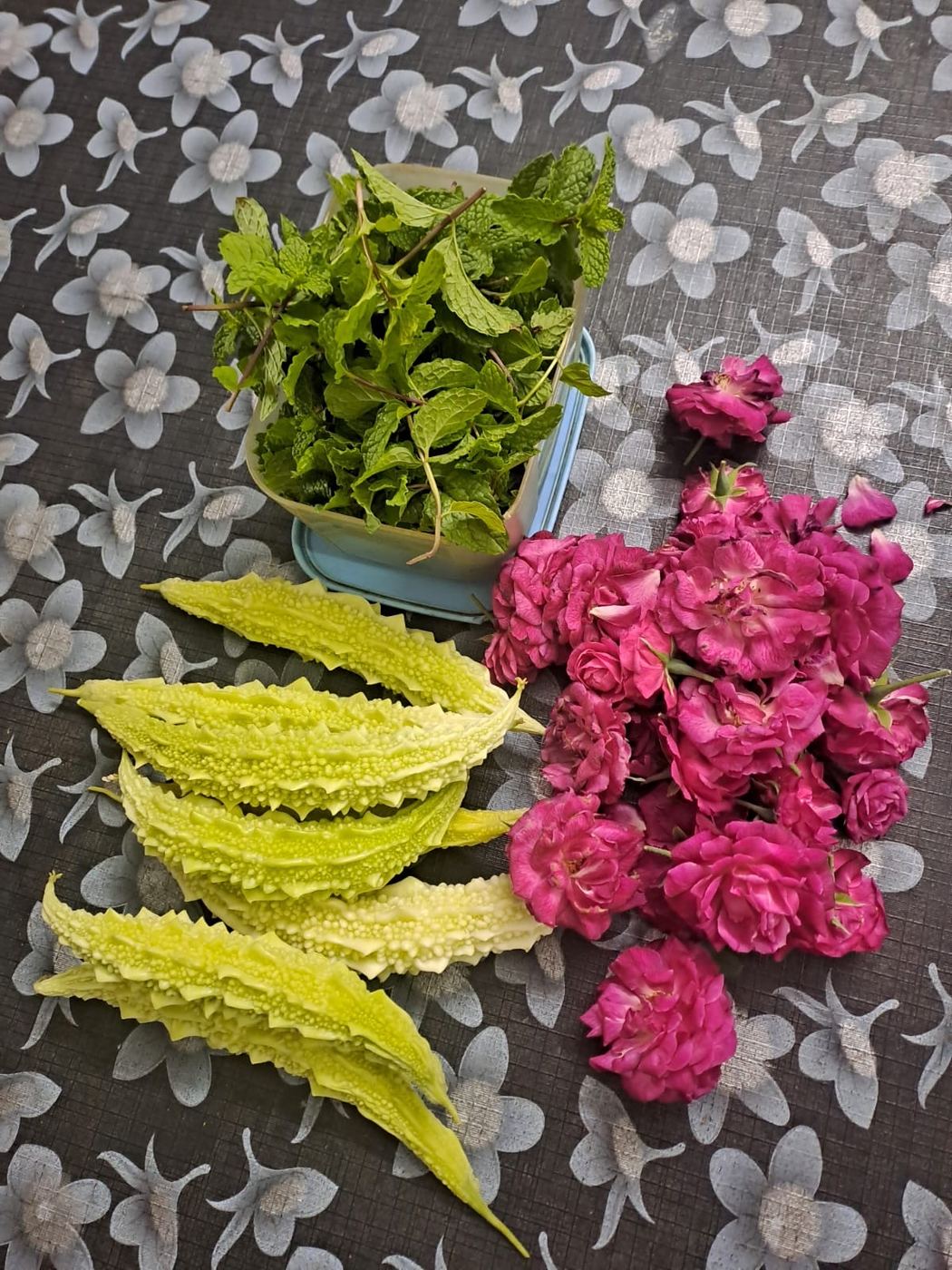 Mint, bitter gourd, and roses harvested together