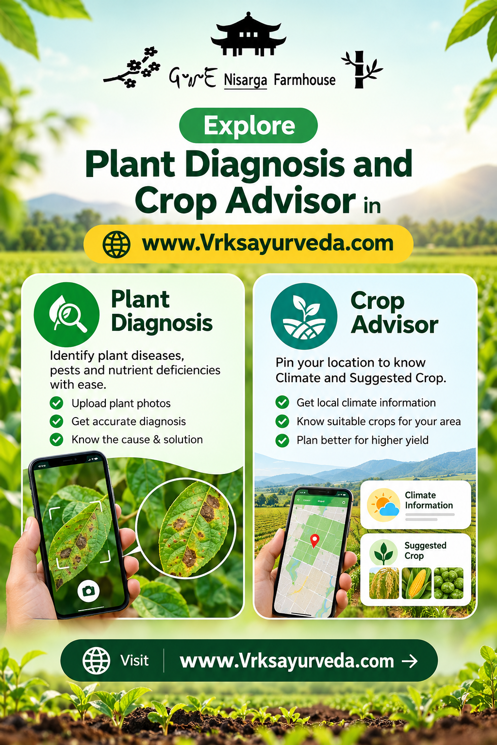 Explore Plant Diagnosis and Crop Advisor on Vrksayurveda.com — identify plant diseases, pests and nutrient deficiencies, and pin your location to know local climate and suggested crops.